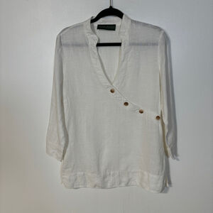 Harve Benard Top Women’s Size Small Medium 100% Linen Tunic White Side Zip